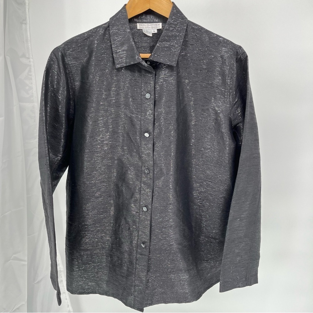 Real Clothes Saks Fifth Avenue Silk Top Size XL Black Shimmer Button Down
